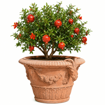 Preview: Reich verzierter, runder Impruneta Terracotta Topf mit floralen und tierischen Elementen – handgefertigt und frostfest